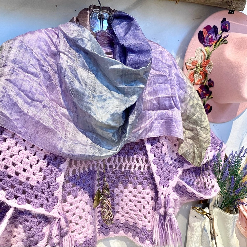 Raw SILK OMBRA purple boho scarf/wrap w glorious rustic texture